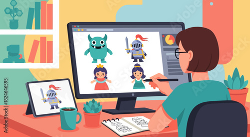 Artist developing engaging digital characters and fantasy creatures for interactive media, utilizing graphic design software and a drawing tablet at a modern desk