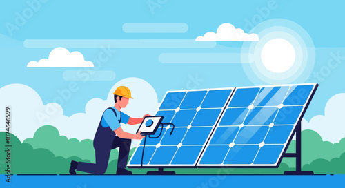 Illustration of a technician installing solar panels on a sunny day, representing renewable energy solutions