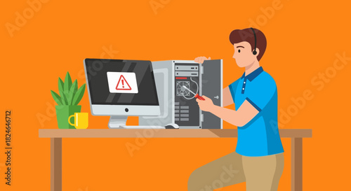 Skilled computer technician repairing a faulty desktop PC with an error warning, illustrating professional IT support, hardware maintenance, and troubleshooting services