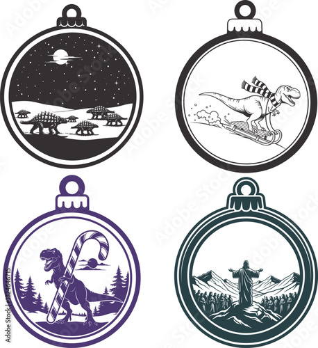 Christmas Ornament Bundle Funny Dinosaur And Jesus Sermon Vector