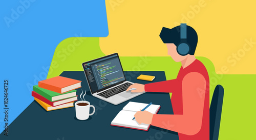 Focused Coder Immersed in Learning and Programming, Working on Software Development Projects with Laptop and Educational Resources at a Vibrant Desk