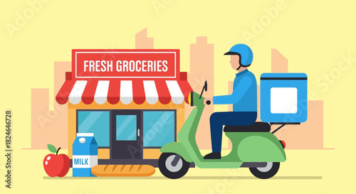Express online grocery delivery service concept with a courier riding a scooter from a local food market