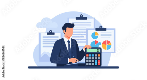 Professional accountant with calculator and financial reports on clipboards, symbolizing accounting and finance