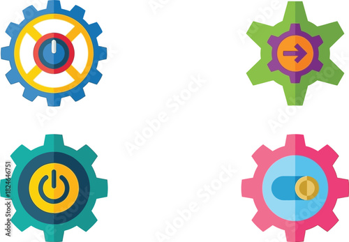 Colorful gear icons with diverse internal symbols like power buttons and sliders on transparent background