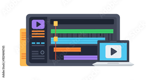 Modern flat vector illustration of a video editing application for creating content and digital post-production