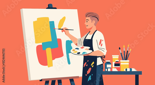 Artist painting on canvas, creative work, artistic process, art and craft, painter, studio, colors and inspiration