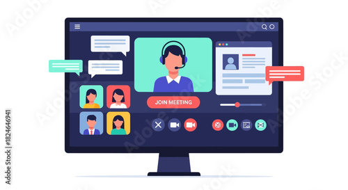 Vector illustration of a team collaborating through an online video conference application on a computer screen