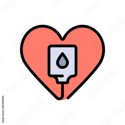 Blood Transfusion Color Icon, Blood bag with dripping blood. Blood transfusion donate logo. Medical IV drip bag sign, for healthcare apps, medical websites, and hospital-related visuals.