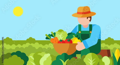 Farmer Harvesting Vegetables in the Field with Bright Sunshine in a Flat Illustration