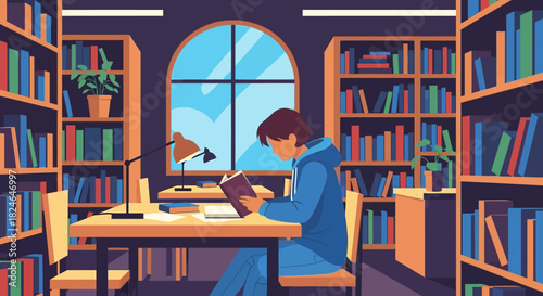 A tranquil scene of a person engrossed in a book, surrounded by towering bookshelves in a serene library, embodying the quiet pursuit of knowledge and learning