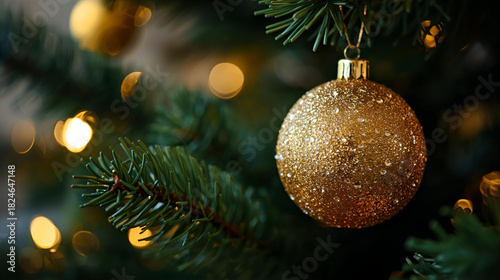 A close up of a gold christmas ornament hanging on a christmas tree with lights bokeh