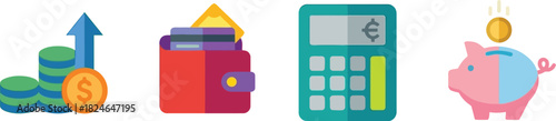 Collection of financial icons including money wallet calculator and a piggy bank on transparent background