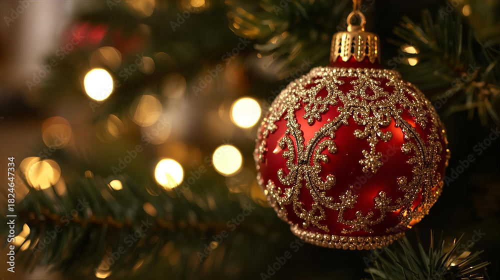 Obraz premium A close up of a red christmas ornament with gold detailing hanging on a tree branch