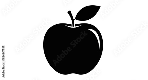 Vector illustration of black silhouette of an apple with a leaf and stem