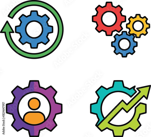 Colorful gear icons depicting process teamwork and growth ideal for various design projects on transparent background