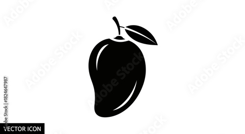 Vector illustration of black silhouette of a mango fruit with a leaf, simple vector icon