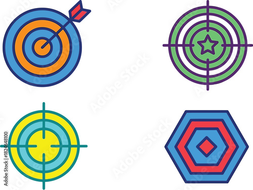 Colorful target icons with concentric circles crosshairs and a hexagon ideal for design work on transparent background
