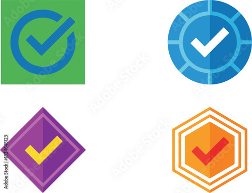 Four vibrant verification icons in square circle diamond and hexagon shapes on transparent background