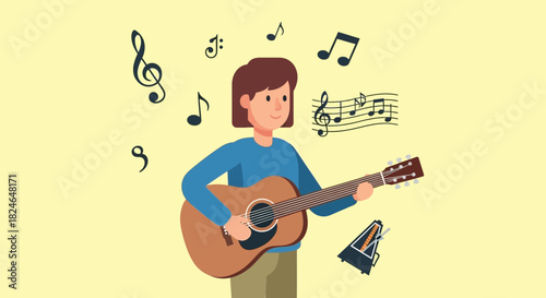Young person playing guitar with musical notes floating around them, representing music and creativity