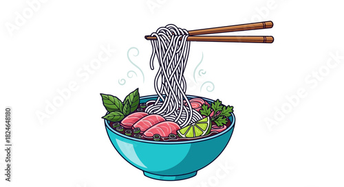 Vector illustration of vietnamese pho noodle soup with chopsticks