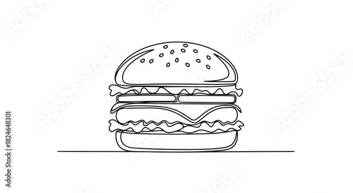 Vector illustration of single line drawing of a hamburger, fast food