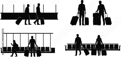 Silhouette travelers walking with luggage in airport terminal, waiting in seating area, carrying suitcases and bags in modern travel and transportation scene