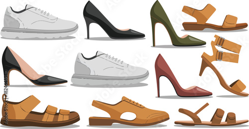 Collection of footwear design includes sandals sneakers and high heels representing style fashion trends for various occasions vector illustration