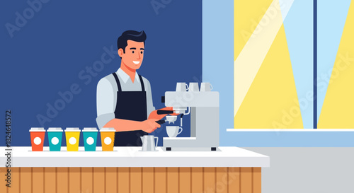 Barista preparing coffee with espresso machine at counter with colorful cups