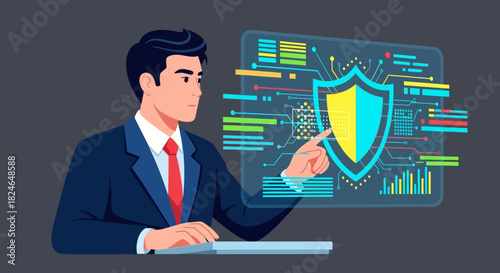 Cyber Security Professional Pointing at Data Shield Protecting Information