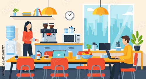 Modern office illustration of employees working and taking coffee breaks in a vibrant open-plan workspace, promoting productivity and collaboration