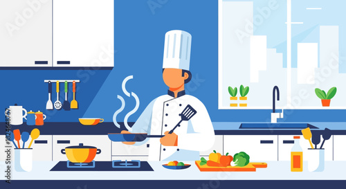 Chef cooking in a modern kitchen, preparing a meal with fresh ingredients and culinary tools