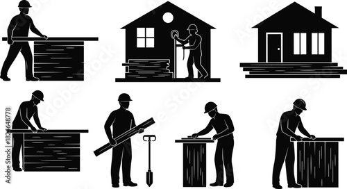 Construction workers measuring wood panels, assembling house structure, cutting materials, and performing carpentry tasks in home building illustration set