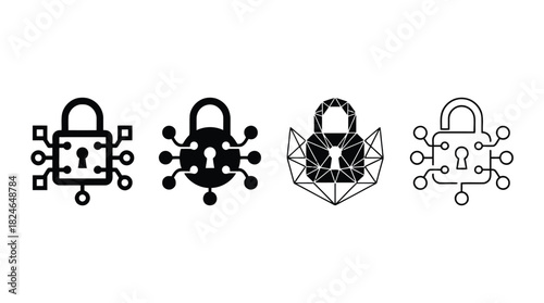 Four distinct digital lock icons displayed with varying designs and circuitry on transparent background