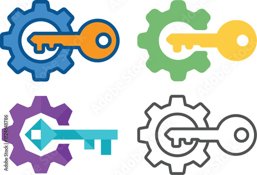 Colorful gear and key icons in various styles including outline and solid designs on transparent background