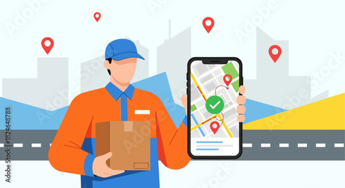 Delivery tracking app on smartphone showing GPS location pin for logistics and courier service