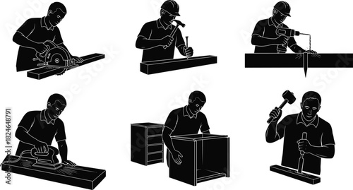 Woodworker performing carpentry tasks using saw, hammer, drill, sander, chisel, and assembling furniture in detailed woodworking illustration set