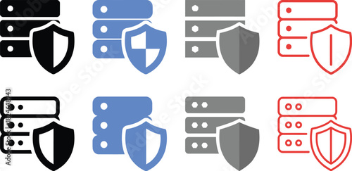 Four variations of server icons with security shields including colored and monochrome styles on transparent background