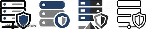 Four detailed server icons with security shields various styles and designs on transparent background