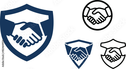Four variations of a handshake logo featuring a shield and triangular emblem on transparent background