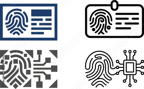 Four variations of biometric identification icons featuring fingerprints and card designs on transparent background
