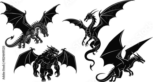 Collection of powerful fantasy dragon silhouettes featuring flying creatures, muscular dragon warrior, mythical monster designs, detailed black artwork and epic winged beasts