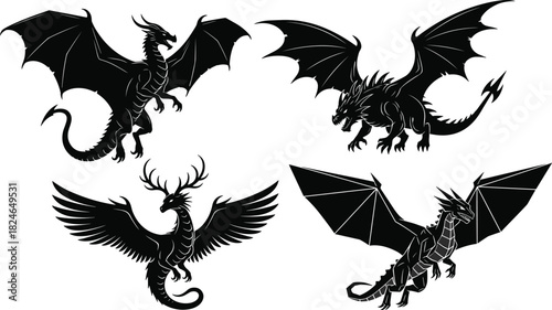 Set of fierce fantasy dragon silhouettes with wings, mythical creature designs, legendary monster artwork, detailed black illustrations, and powerful creature poses