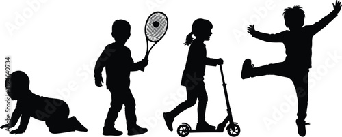 Set of children silhouettes, crawling baby, boy with tennis racket, girl on scooter, jumping kid, active playing vector icons, isolated