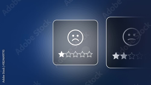 Digital star rating, 1 out of 5 stars and negative sad face icon, indicating extreme customer dissatisfaction, low evaluation score, service failure problems, brand reputational risk, Copy space