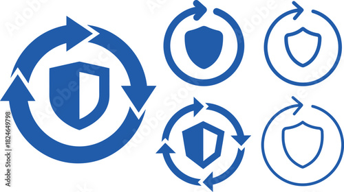 Four blue security shield icons with circular arrows representing ongoing protection on transparent background