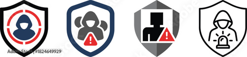 Four distinct security shield icons featuring different warning symbols representing protection and vigilance on transparent background
