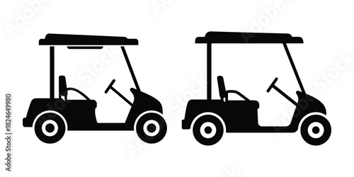 Two black golf carts are displayed on a white isolated background
