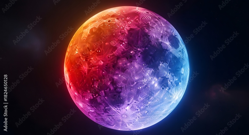 Naklejka premium Rainbow colored moon against black background colorful lunar surface art