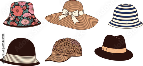 Collection of stylish women’s hats including bucket, sun, striped, woven, cloche, and fedora designs, perfect for fashion, summer, and accessories themes