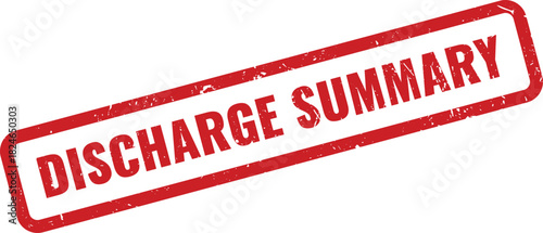 Grungy red rectangular stamp text indicating a medical patient discharge summary document
